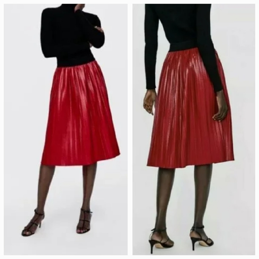 Zara Limited Edition Dark Red Pleated Faux Leather Midi Skirt Medium NEW